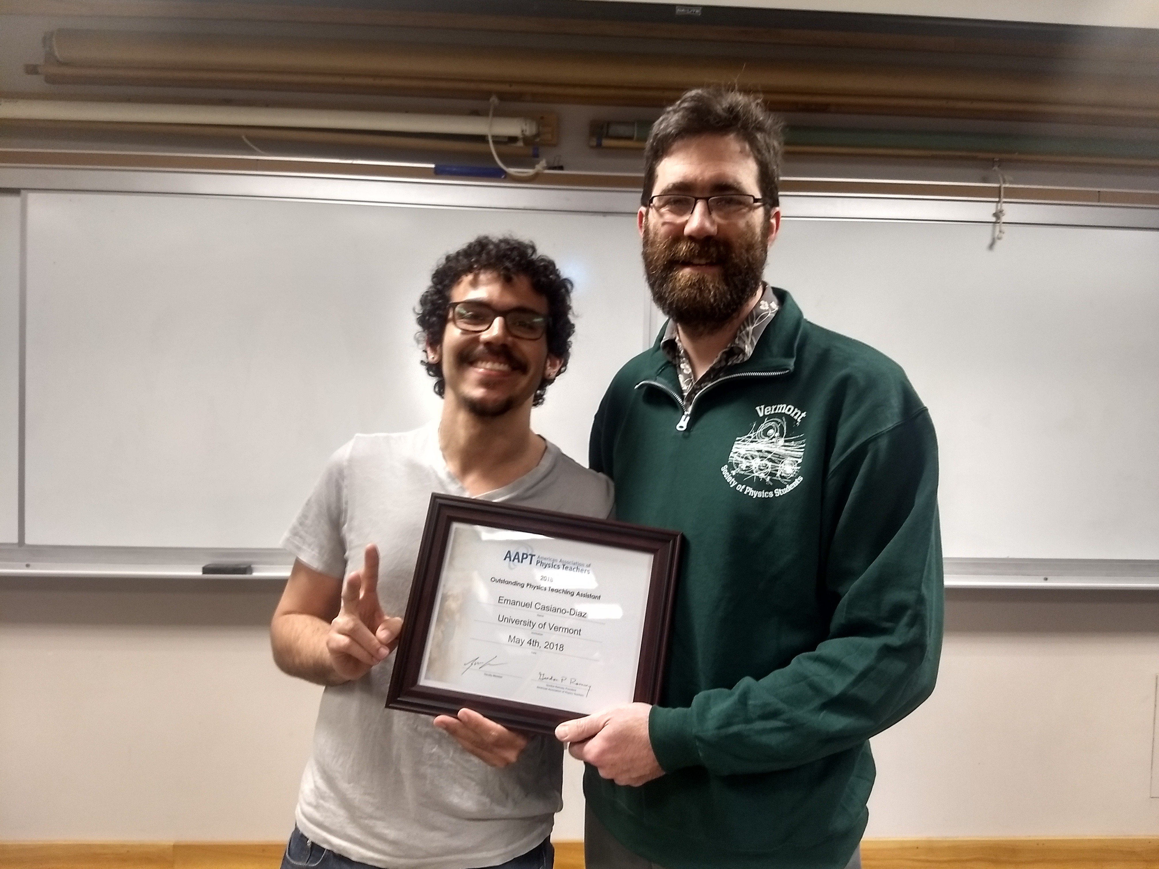 With Prof. Luke Donforth, receiving the Teaching Assistant of the Year Award 2018 at University of Vermont Physics Department